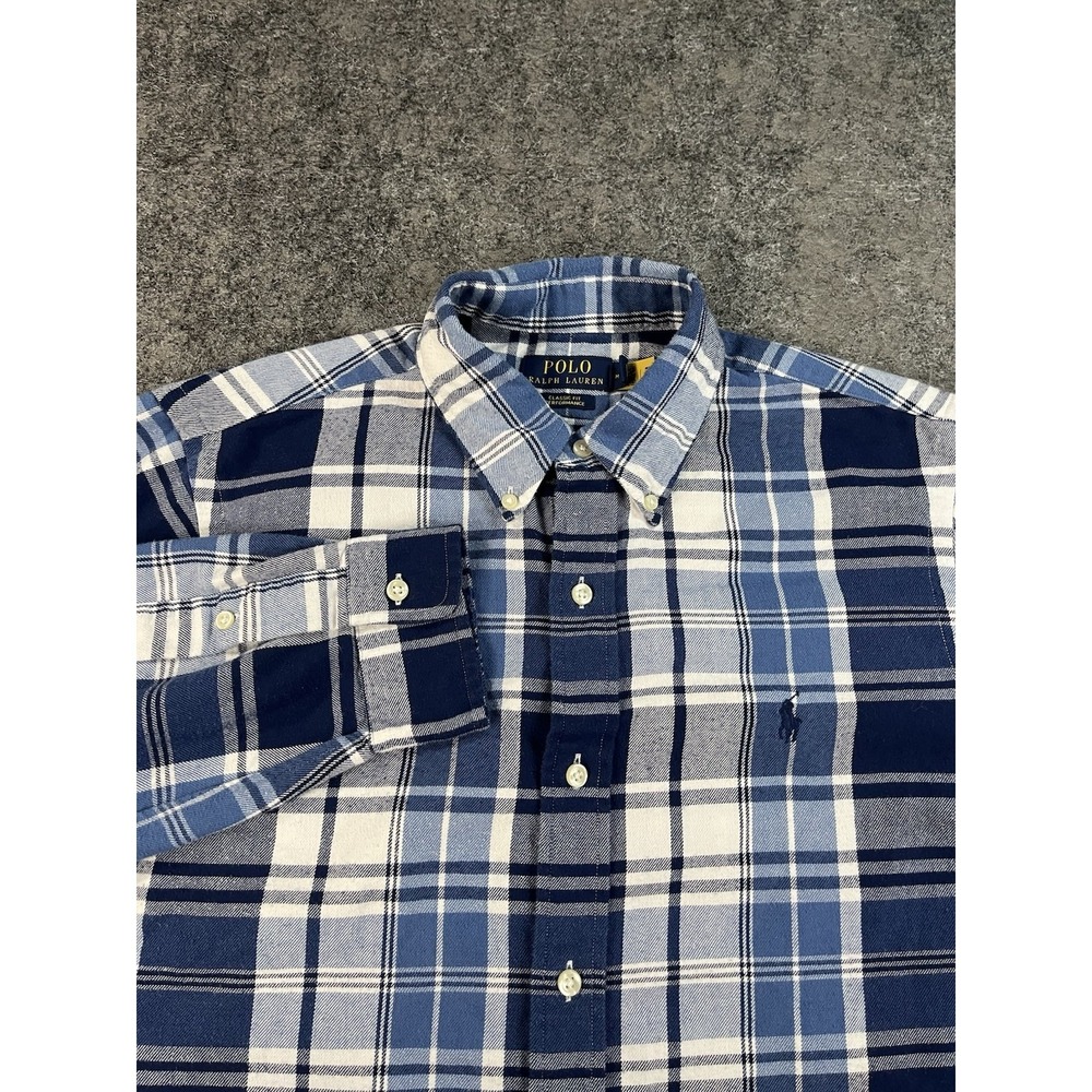 Polo Ralph Lauren Flannel Shirt Mens Medium Blue Plaid Chamois Button Up Preppy